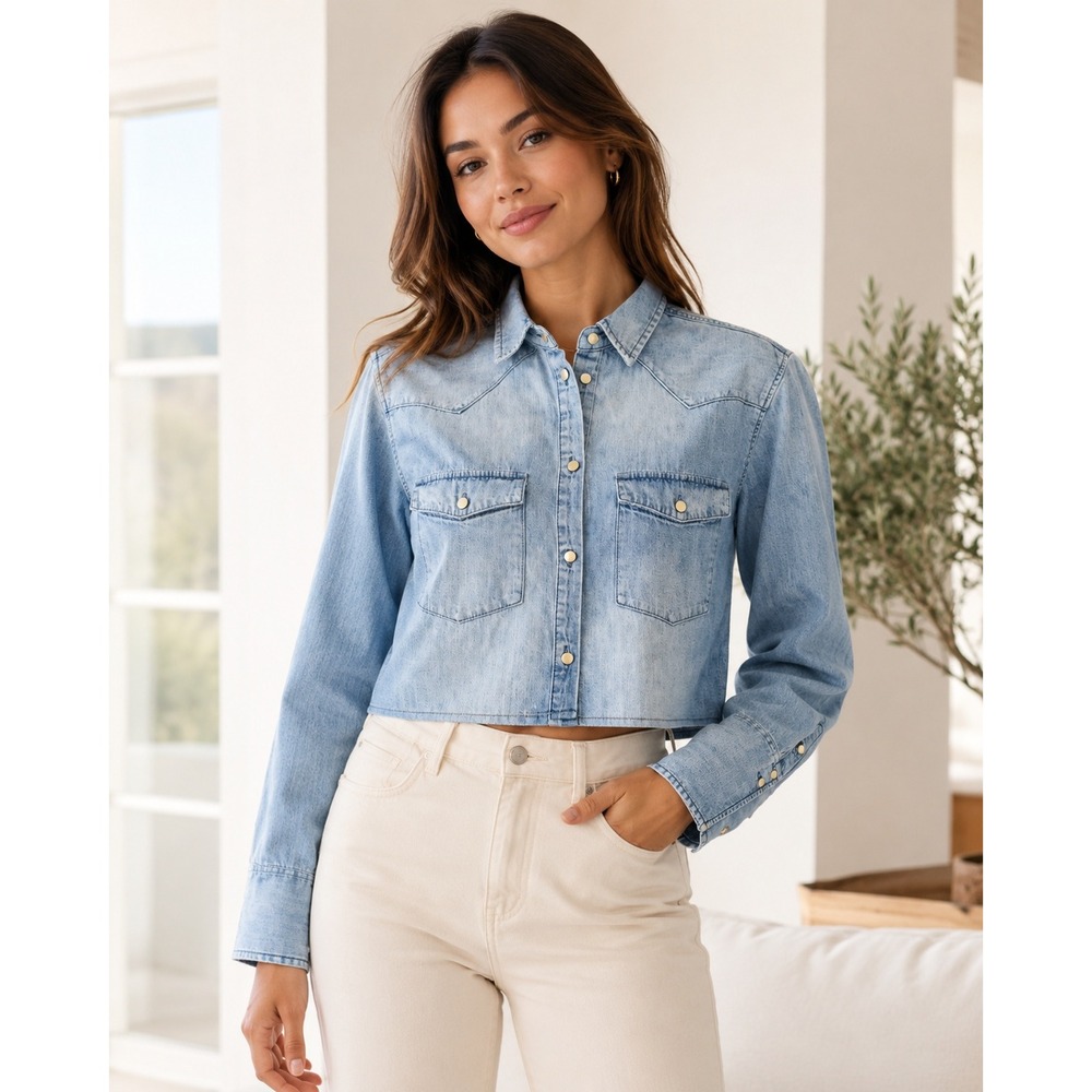 J.Crew Shirt Women 6 Light Blue Garcon Western Cropped Denim Button Down Top